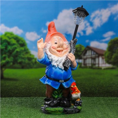 Садовая фигура - фонарь «Гном с фонарем и петухом» из полистоуна, 31×23×56 см