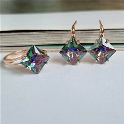 Комплект ювелирная бижутерия, серьги и кольцо позолота, р-р 17, цвет камня мистик,54187, арт.314.461-17