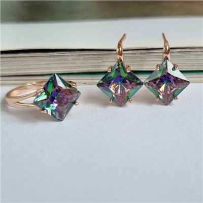 Комплект ювелирная бижутерия, серьги и кольцо позолота, р-р 17, цвет камня мистик,54187, арт.314.461-17