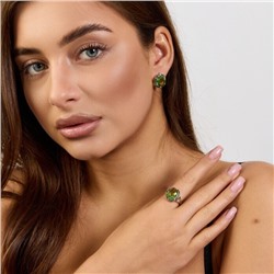 Комплект ювелирной бижутерии коллекция "Дубай" серьги и кольцо 17 р покрытие посеребрение, вставка: стекло и цирконы, цвет: светло-зеленый и черный, арт.215.608-17