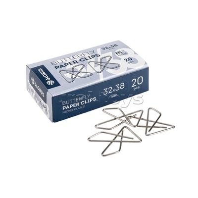 Скрепки-бабочка L32Х38 мм 20 шт. карт. упаковка, никелированные