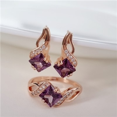 Комплект ювелирная бижутерия коллекция  "Дубай" серьги и кольцо 17 р, покрытие: позолота, вставка: фианиты, цвет: фиолетовый и прозрачный, арт.215.470-17
