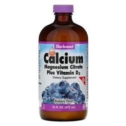 Bluebonnet Nutrition, Цитрат кальция и магния, с витамином D3, в жидкой форме, вкус натуральной черники, 472 мл (16 жидких унций)
