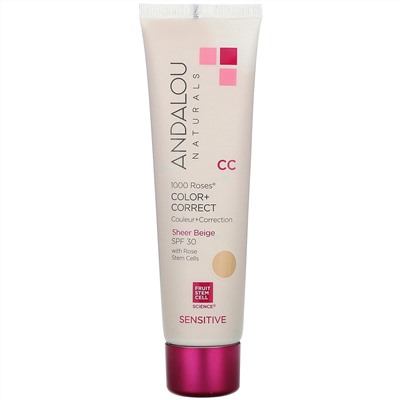 Andalou Naturals, 1000 роз, CC Color + Correct, для чувствительной кожи, SPF 30, чистый бежевый, 58 мл (2 жидк. унции)