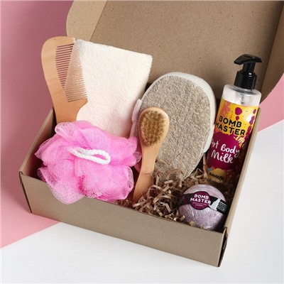 Набор подарочный «Этель», полотенце 30×60 см, мочалка, щётка