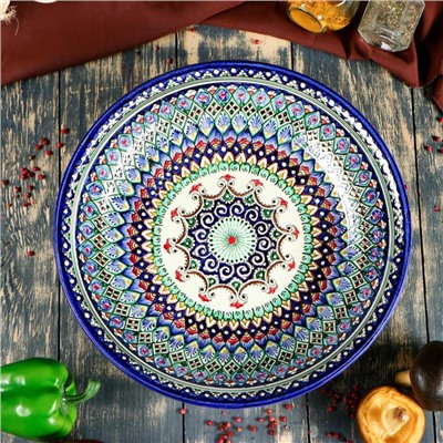 Ляган узбекский Риштанская Керамика «Узоры», d=33 см, глубокий, синий