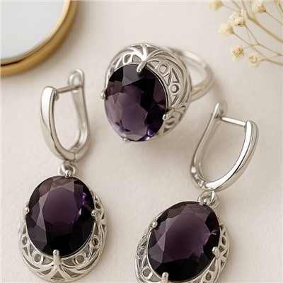 Комплект ювелирной бижутерии с крупным камнем серьги и кольцо 19 р, цвет: фиолетовый, арт.213.915-19