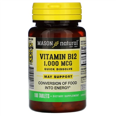Mason Natural, Витамин B-12, 1000 мкг, 100 таблеток