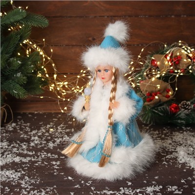 Снегурочка под ёлку «В пушистой шубке, с фонариком» двигается, с подсветкой, 30×18 см, голубой