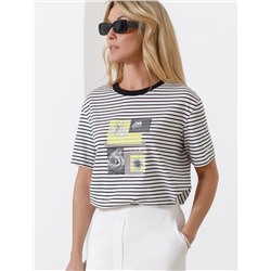 Свободная футболка в черно-белую полоску с принтом из премиального хлопка с эластаном