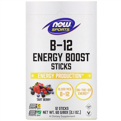 Now Foods, Sports, B-12 Energy Boost, батончики, ягодный вкус, 10 000 мкг, 12 шт., 60 г (2,1 унции)