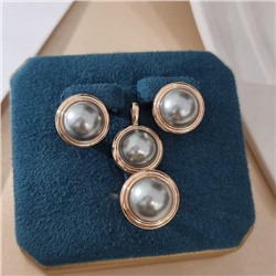 Комплект ювелирной бижутерии коллекция "Дубай" серьги, кулон и кольцо 20 р, покрытие позолота, вставка: искусственный жемчуг, арт.414.349-20