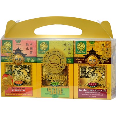 SHENNUN. Чайный набор «Красный Би Ло Чунь/Зеленый с манго/Зеленый Би Ло Чунь» 250 гр. карт.упаковка