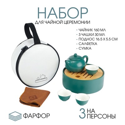 Набор для чайной церемонии ДЖЕКИЧАЙ «Кацуяма», 6 предметов, на 3 персоны, чашка 30 мл, чайник 160 мл, фарфор, бирюзовый
