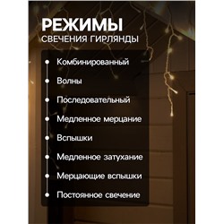 Гирлянда «Бахрома» 4×0.6 м, IP44, белая нить, 180 LED, свечение тёплое белое, 8 режимов, 220 В