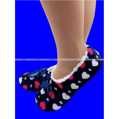 6 ПАР - Носки-тапочки внутри с мехом "Сердечки" женские