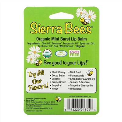 Sierra Bees, Органические бальзамы для губ, мятный взрыв, 4 штуки в упаковке весом 0,15 унции (4,25 г) каждая