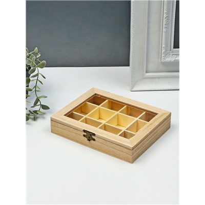 Шкатулка для росписи дерево «Прямоугольная со стеклянной вставкой», для творчества, декора, 12 отделений, 3.5×19×15 см