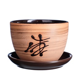 Горшок для цветов «Восток», керамический, с поддоном, 350 мл, коричневый с иероглифом