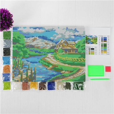 УЦЕНКА Алмазная вышивка с полным заполнением на раме «Домик у реки» 30×40 см
