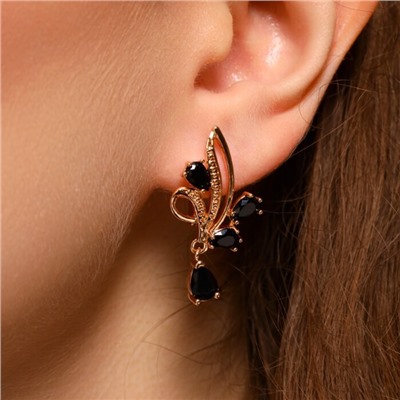 Серьги цветы ювелирная бижутерия коллекция "Дубай" позолота, вставка: фианиты, цвет: черный, арт.314.337