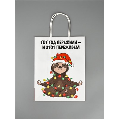Пакет бумажный подарочный новогодний крафт, «Тот год пережили и этот переживем», 27×21×11 см