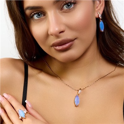 Комплект ювелирной бижутерии коллекция "Дубай" серьги, кулон и кольцо 19 р, покрытие позолота, вставка: стекло и фианиты, цвет: голубой и прозрачный, арт.414.248-19