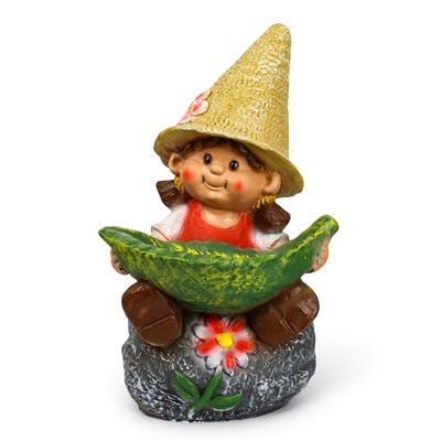 Садовая фигура из полистоуна «Девочка на камне с листом», 48×29×27 см