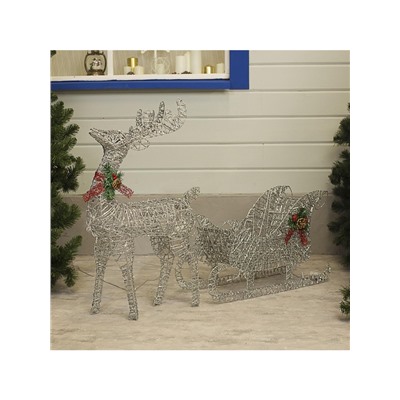 Светодиодная фигура «Олень с санями серебристый», олень: 50×85×18 см, сани: 70×43×22 см, металл, 220 В, свечение тёплое белое