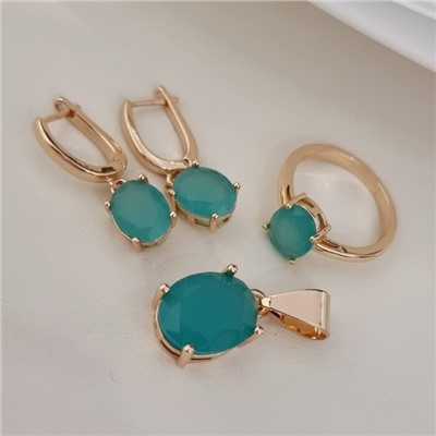 Комплект ювелирной бижутерии коллекция "Дубай" серьги, кулон и кольцо 19 р, покрытие позолота, вставка: фианит, цвет: голубой тиффани матовый, арт.215.507-19