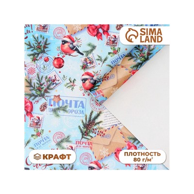 Бумага упаковочная новогодняя «Снегирь на письме», белый крафт, 80 г/м², 50×70 см
