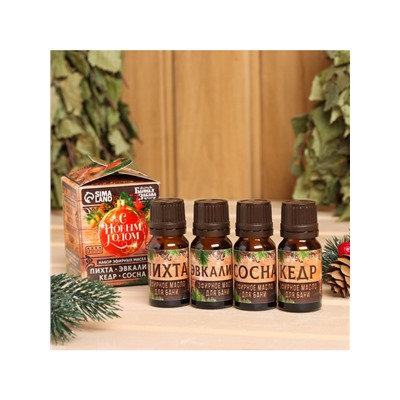 Новогодний набор эфирных масел «С Новым Годом!», в подарочной коробке, пихта, эвкалипт, кедр, сосна, 4 шт. по 10 мл