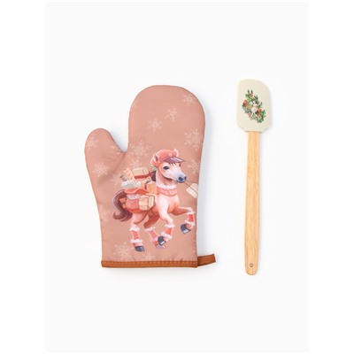 Набор подарочный новогодний «Почтовая лошадка» варежка-прихватка, лопатка силикон