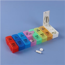 Таблетница - органайзер «Неделька», с таблеторезкой, съёмные ячейки, утро/вечер, 20×7.5×2.5 см, 7 контейнеров по 2 секции, разноцветная