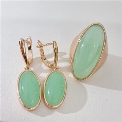 Комплект ювелирной бижутерии коллекция "Дубай" серьги и кольцо 18 р, покрытие позолота, вставка: пластик, цвет: мятный, арт.313.463-18