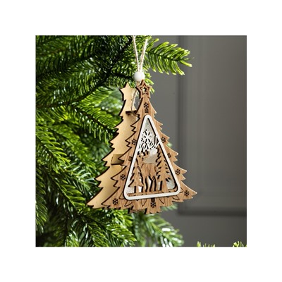 Ёлочная игрушка «Ёлочка с оленем», 11×11×2 см, от батареек, свечение тёплое белое