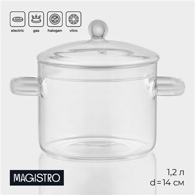 Кастрюля Magistro «Лия», 1.2 л, 20×14 см, жаропрочное стекло, прозрачная