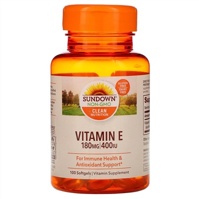 Sundown Naturals, Витамин E, 180 мг (400 МЕ), 100 мягких таблеток