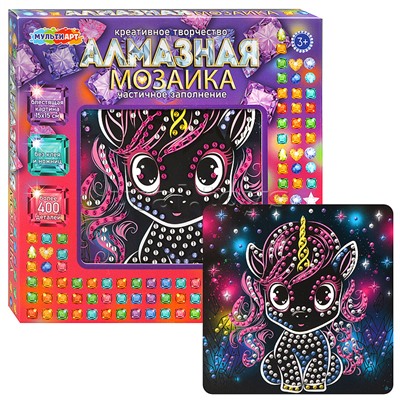 Алмазная мозаика на черном фоне 15*15 "Единорог" в коробке