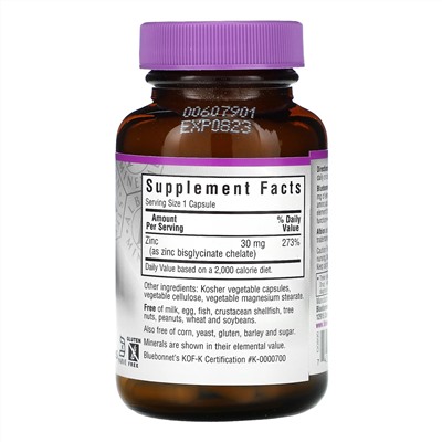 Bluebonnet Nutrition, цинк в хелатной форме, 90 растительных капсул