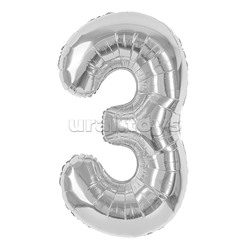 Шар (40''/102 см) Цифра, 3, Серебро, 1 шт. в уп.
