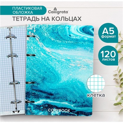 Тетрадь на кольцах A5 120 листов в клетку Calligrata "Мрамор синий", пластиковая обложка, блок офсет