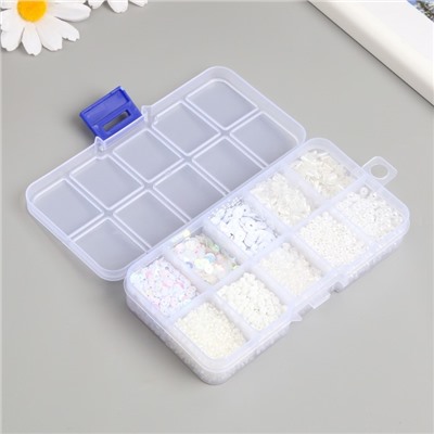 Бисер стекло 8/0, 12/0 в шкатулке «Белый», бусины, стеклярус и пайетки, 13×6.5×2.3 см