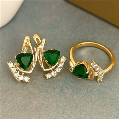 Комплект ювелирной бижутерии коллекция "Дубай" серьги и кольцо 19 р, покрытие позолота,  вставка: фианиты, цвет: зеленый и прозрачный, арт.217.377-19