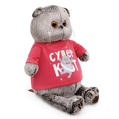 Мягкая игрушка «Кот Басик» 19 см, в лонгсливе с принтом «Супер кот»