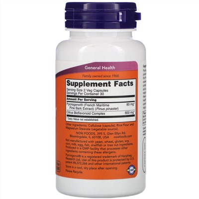 Now Foods, Pycnogenol, 30 мг, 60 растительных капсул