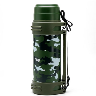 Термос «Тропа. Камуфляж», 2 л, 13.5×36 см, с двумя кружками, с ремешком, сохраняет тепло 24 ч, нержавеющая сталь, зелёный