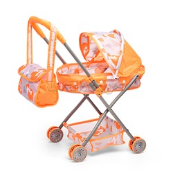 Коляска кукольная (металлическая, с капюшоном, сумкой и корзинкой, цвет оранжевый, с принтом) в пакете