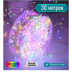 Гирлянда нить МИШУРА, хвойная лапа, (провод БЕЛЫЙ) с пультом, свечение цветное