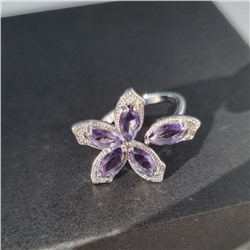 Комплект ювелирной бижутерии, посеребрение: серьги и раздвижное кольцо с фиолетовыми камнями, р-р от 16-19, 13098, арт.213.009